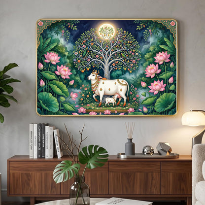 Kamdhenu Cow with Calf Under Kalpavriksha Tree Wall Painting for Living Room Bedroom | Pichwai Style Wooden Golden Stripe Framed Wall Decor (12x18 inch)