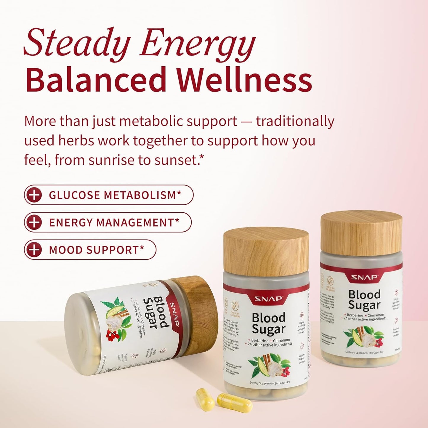 Three supplement bottles labeled 'Blood Sugar' with a pink background and text about energy and wellness.