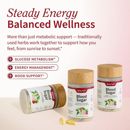 Three supplement bottles labeled 'Blood Sugar' with a pink background and text about energy and wellness.