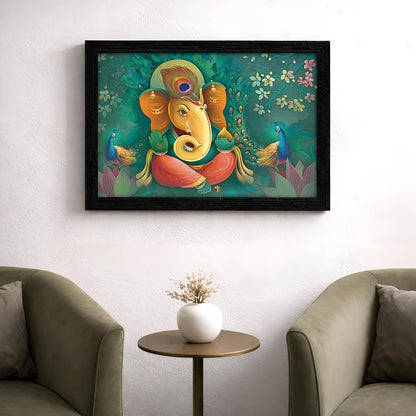 Wood Religious Ganesha Art Framed Ready to Hang Painting (Multicolour, 12inch x 18 inch)