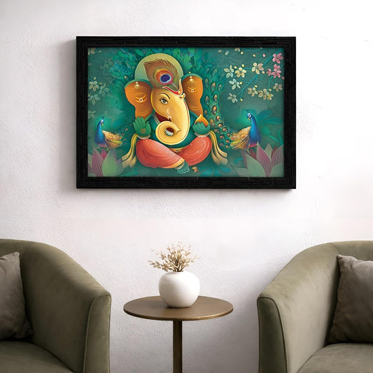 Wood Religious Ganesha Art Framed Ready to Hang Painting (Multicolour, 12inch x 18 inch)