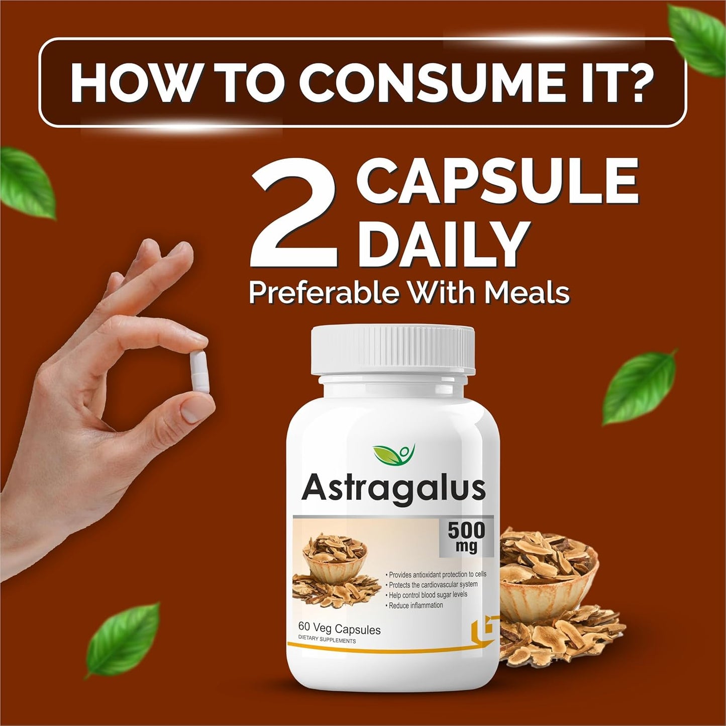 Biotrex Nutraceuticals Astragalus 500mg Supplement | Heart & Kidney Health | Immunity Booster & Adaptogen | Antioxidant | Enhances Strength & Atheletic Performance | 60 Veg Capsules