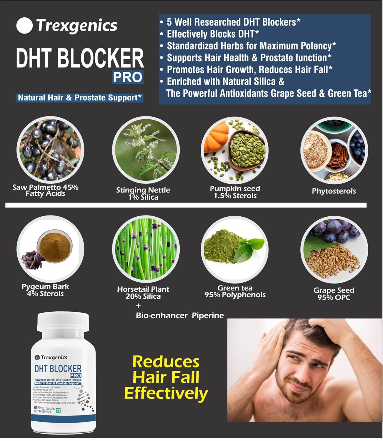 Trexegenics DHT Blocker Pro advertisement with ingredients and benefits listed.