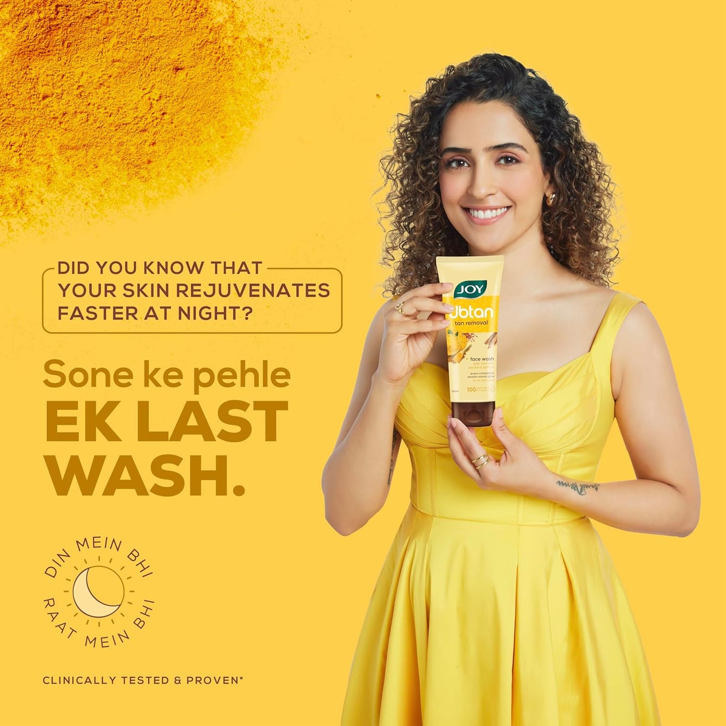 Woman in a yellow dress holding a skincare product against a yellow background with text about skin rejuvenation.