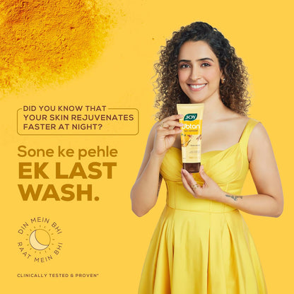 Woman in a yellow dress holding a skincare product against a yellow background with text about skin rejuvenation.