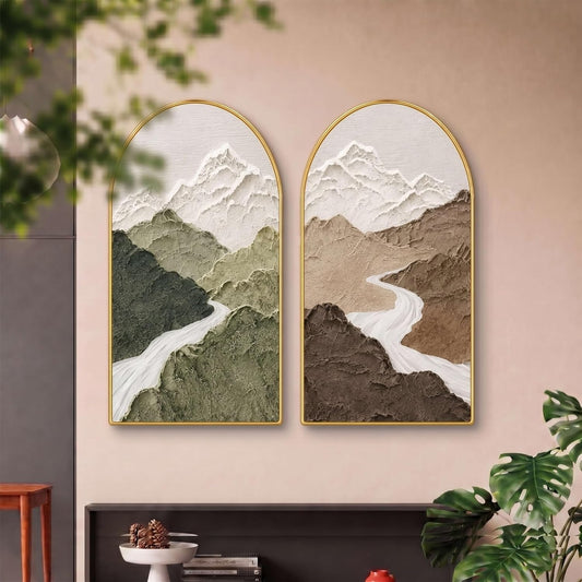 Set of 2 Mountain Wall Painting for Living Room, Textured Landscape Modern Artwork, PVC Golden Frame, Arch Shape Wall Decor for Bedroom, Hall, Office & Gift (30 x 32 Inch) RPNL-02-117