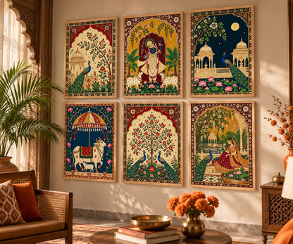 Madhubani Paintings Set of 6 Traditional Indian Folk Art Wall Painting With Frame for Living Room Bedroom Hotel Wall Decor Digital Reprint (10X13 Inch)
