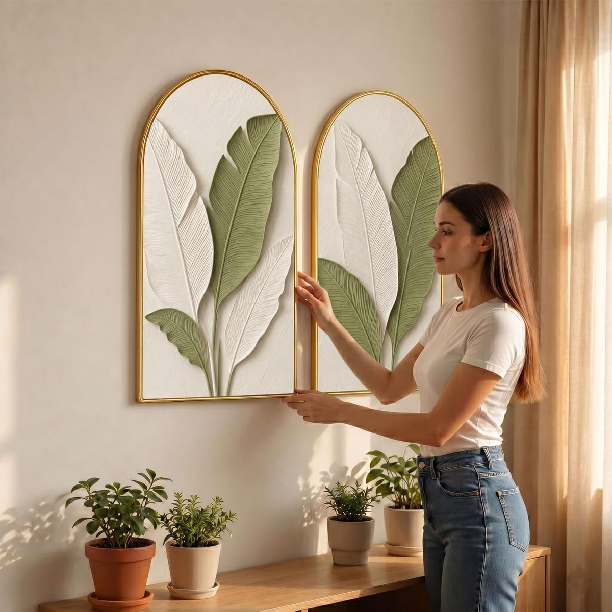 Set of 2 Botanical Leaf Wall Painting for Living Room, Green White Modern Artwork, PVC Golden Frame, Arch Shape Wall Decor for Bedroom, Hall, Office & Gift (30 x 32 Inch) RPNL-02-118