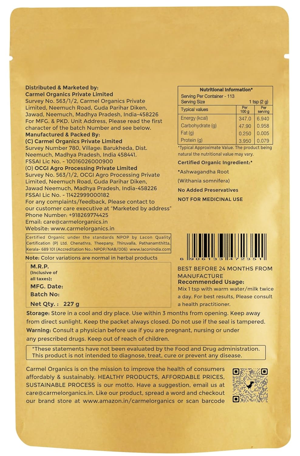 Back view of a Camel Organics product packaging with text and labels.