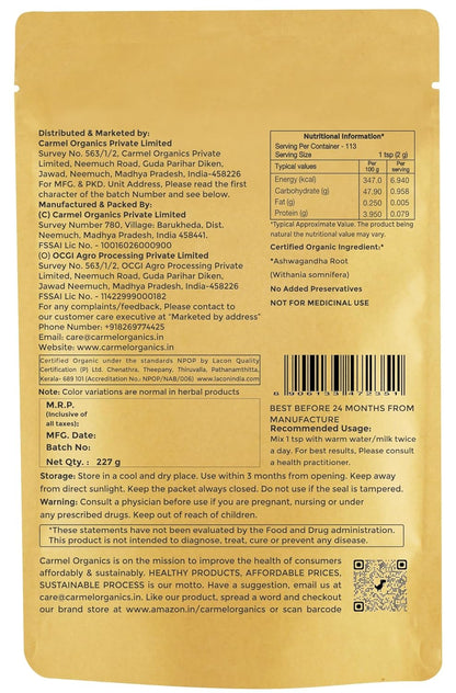 Back view of a Camel Organics product packaging with text and labels.