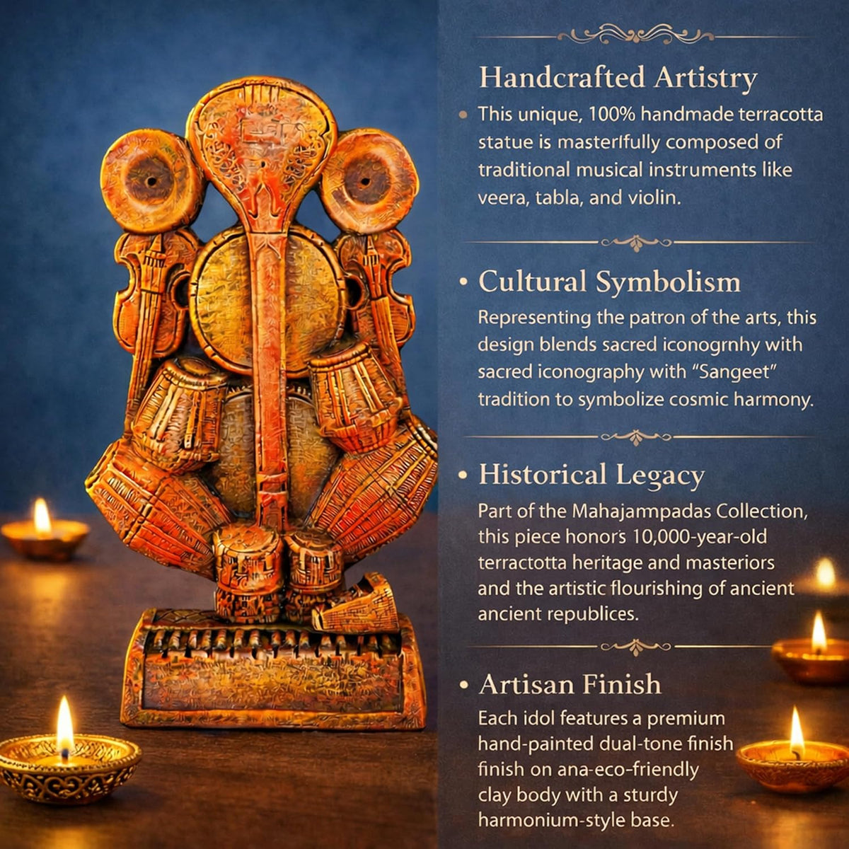 Ganesha Idol for Home Decor | Handmade Terracotta Ganpati Statue with Musical Instruments | Ganesh Murti for Office, Living Room & Gift | Krishnanagar Clay Art