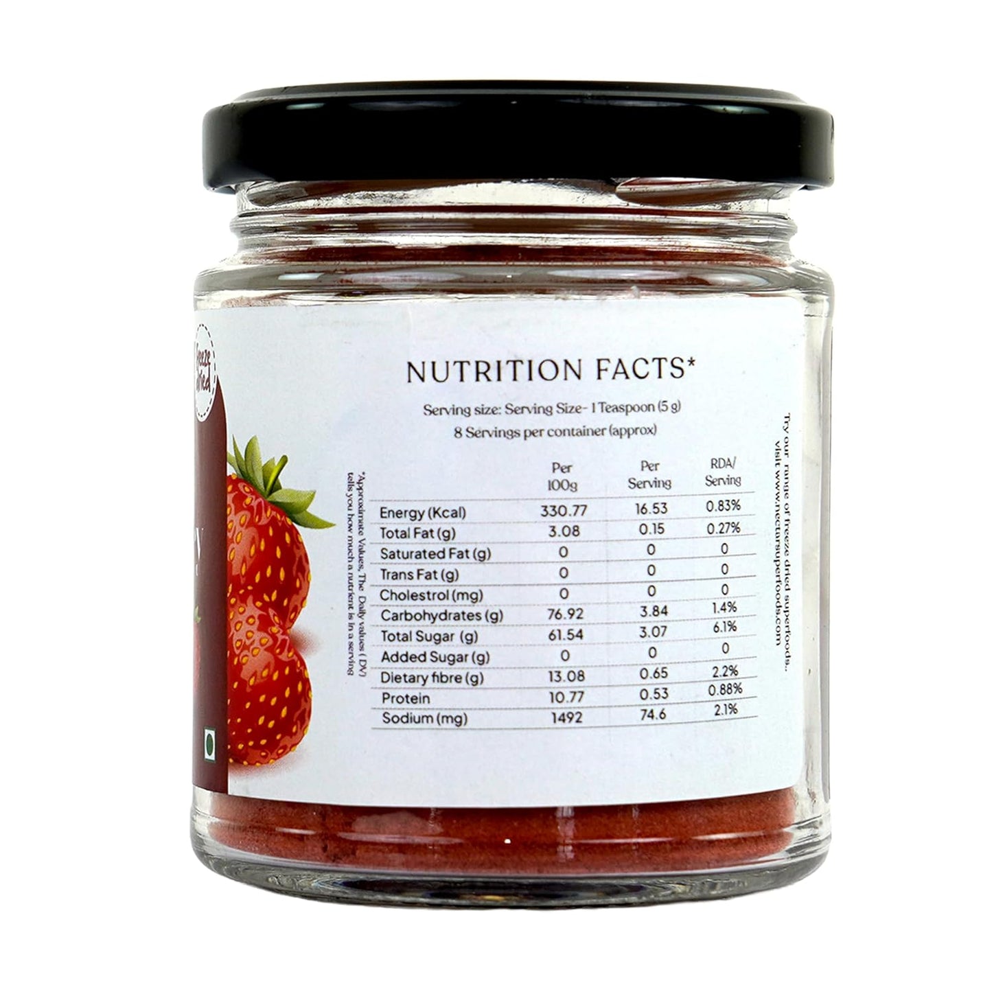 Freeze Dried Strawberry Powder- 60 grams Jar-Pack of 1 Nos | 100% Natural | No Added Sugar, Preservative-Free & Vegan | Processed in India