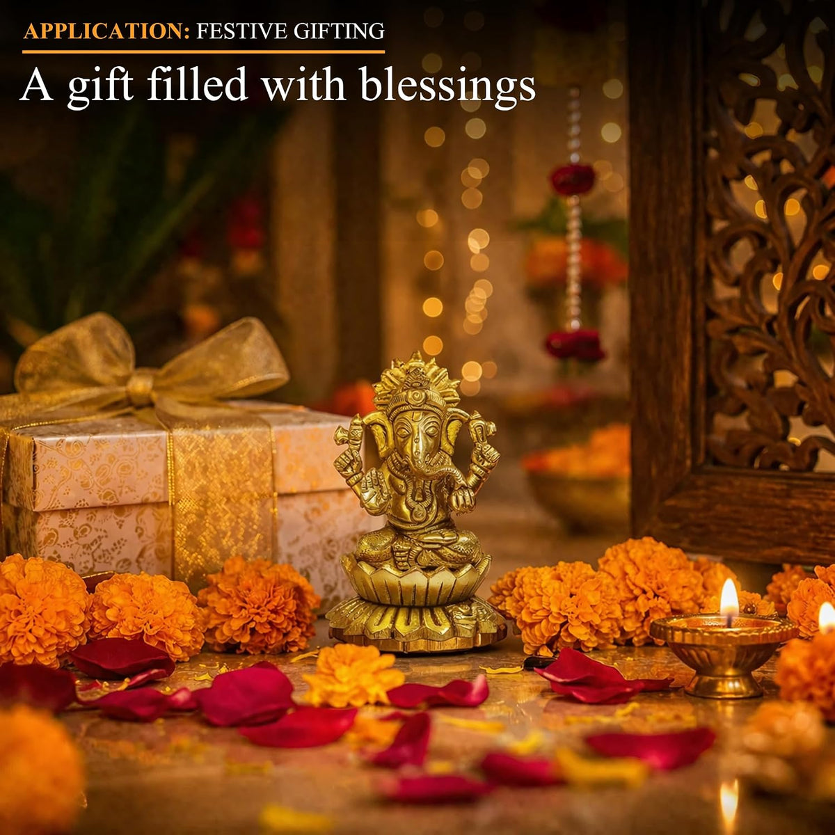 3 Inch Pure Brass Kamal Ganesh Idol | Lotus Seated Vighnaharta Murti for Home Temple, Pooja Room, Office Desk & Spiritual Decor | Ideal for Pooja, Diwali & Festive Gifting