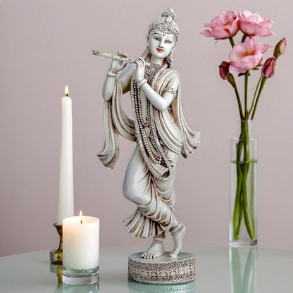 Krishna Idol Statue Showpiece for Pooja Home Decor Items for Living Room and Gifts (Stone White)