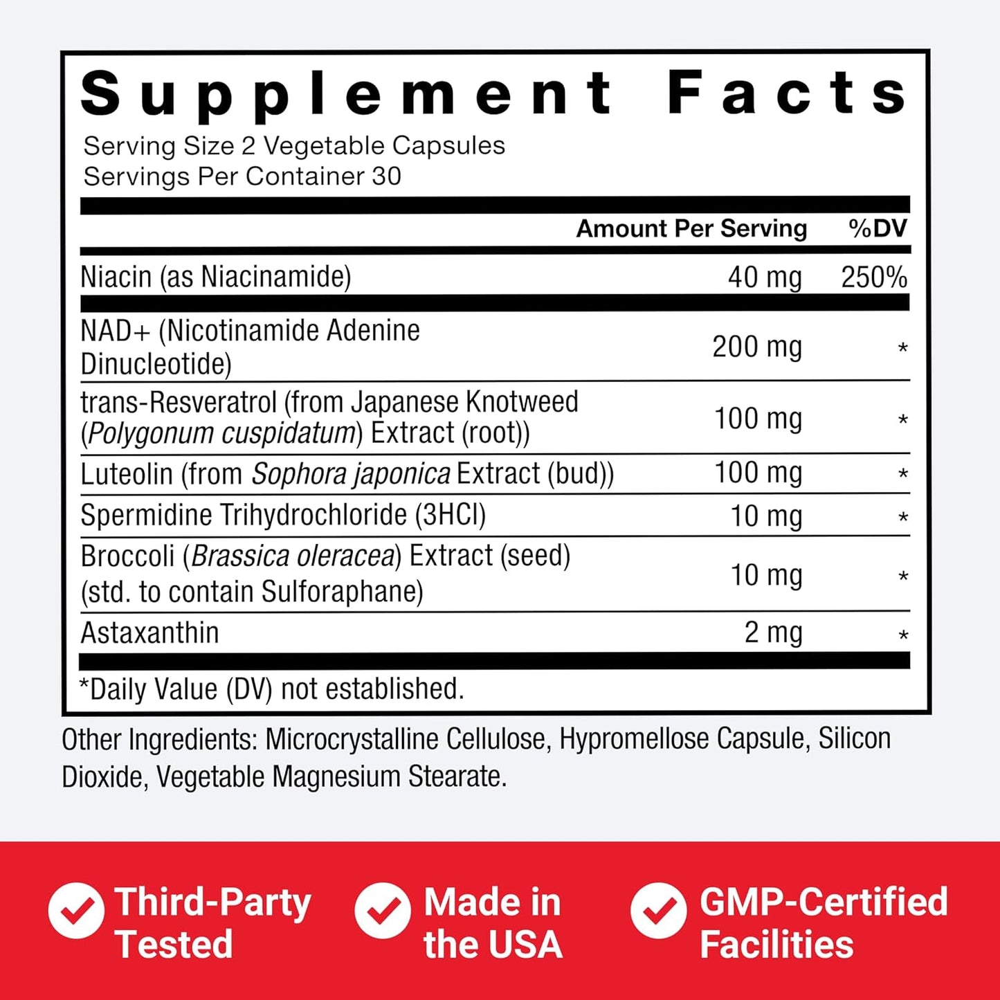 Supplement facts label with various nutrients and their amounts on a white background.