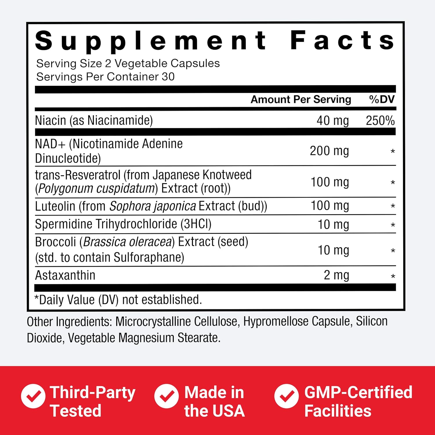Supplement facts label with various nutrients and their amounts on a white background.