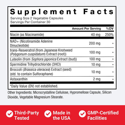Supplement facts label with various nutrients and their amounts on a white background.