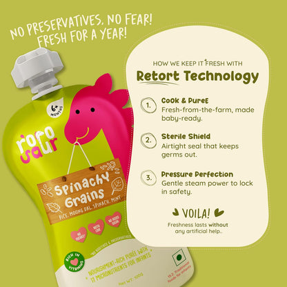 Rorosaur Baby Food Puree Pouch | Ready to Eat Palak Dal with Jowar in Pouch for 6+ Months Baby| Spinach |Easy to Digest, 100% Natural Healthy, No Preservatives, No Sugar, No Salt | 100g each, Pk of 2