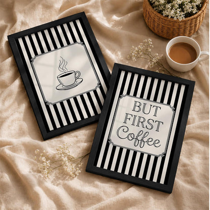 But First Coffee Wall Art Set of 2 Framed Paintings | Black White Striped Coffee Poster Kitchen Café Décor | Home Office Wall Décor (Art 20, 10x13 Inches, Black)