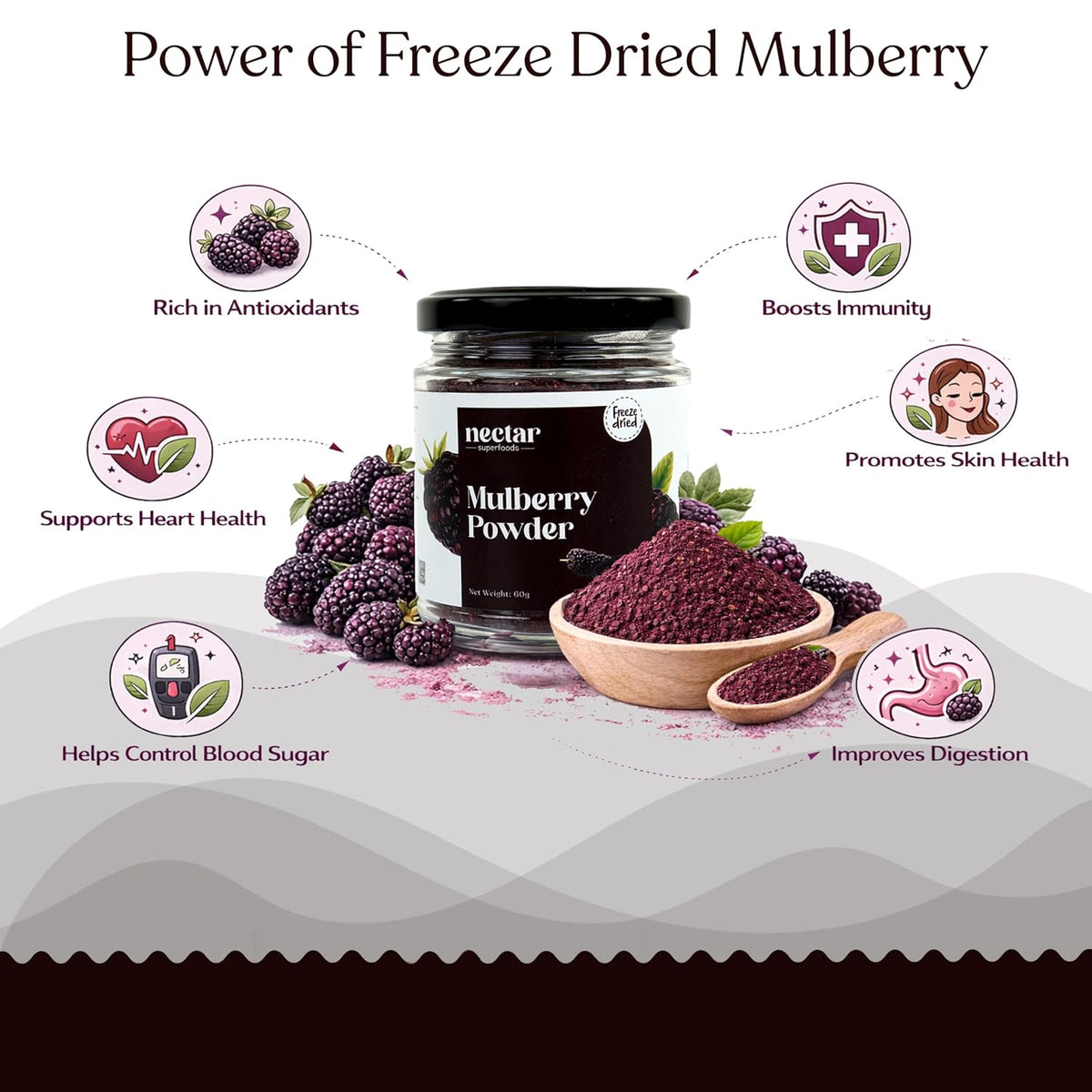 Nectar Superfoods Freeze Dried Mulberry Powder- 60 grams Jar-Pack of 1 Nos 100% Natural | No Added Sugar, Preservative-Free & Vegan | Processed in India