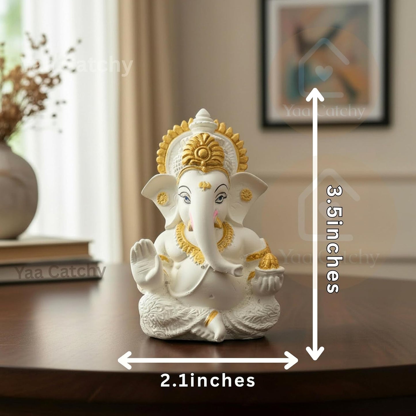 Yaa Catchy White & Gold Ganesha Idol Car Dashboard Idol Ganesha Murti Ganpati Idol for Home Decor Pooja Lord Ganesh Statue Gift for Office Desk Pooja Room (Ganesha Resin White & Gold)
