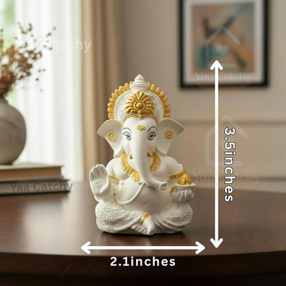 Yaa Catchy White & Gold Ganesha Idol Car Dashboard Idol Ganesha Murti Ganpati Idol for Home Decor Pooja Lord Ganesh Statue Gift for Office Desk Pooja Room (Ganesha Resin White & Gold)