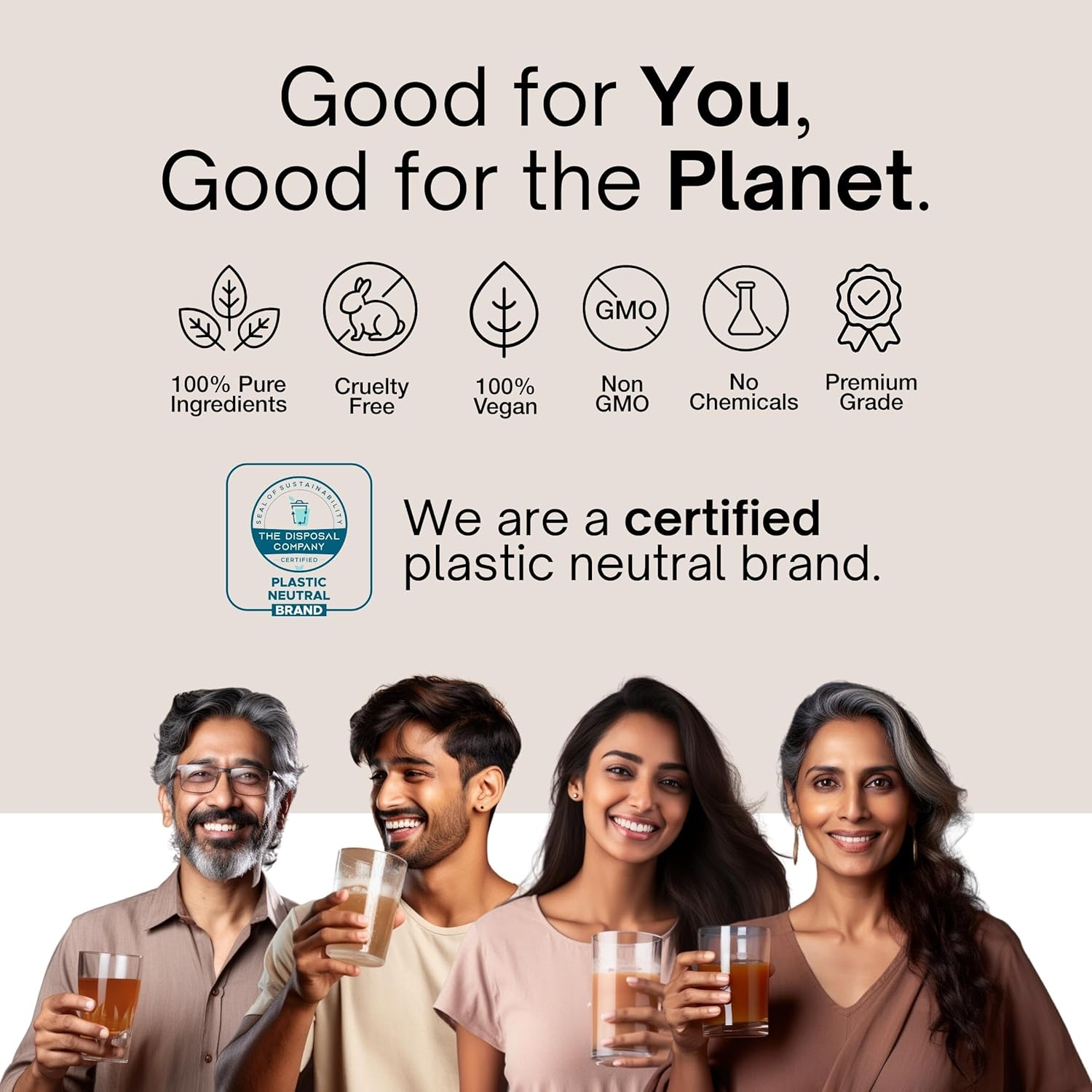 Four people holding drinks with certification logos and text about being a certified plastic neutral brand.