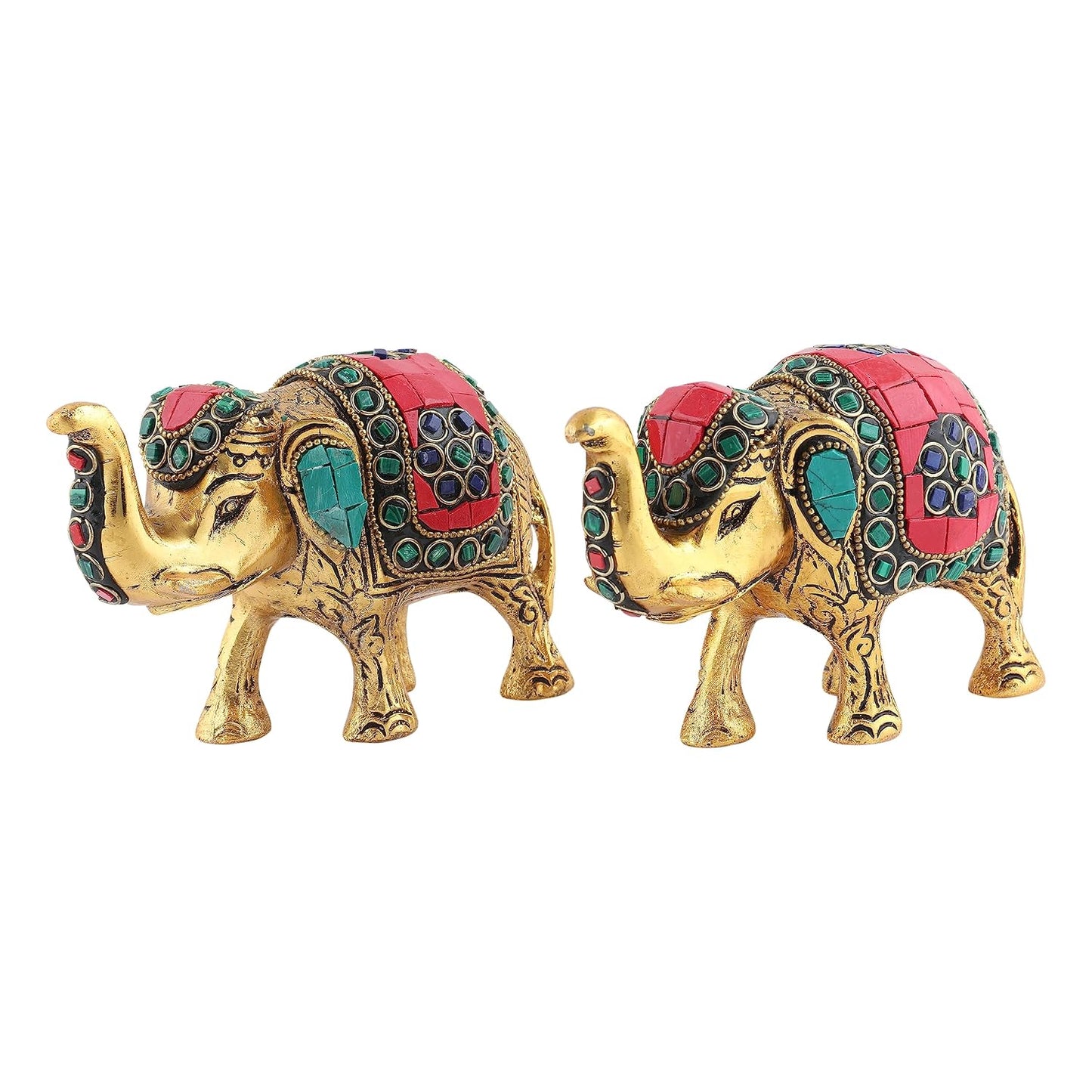 Kalakriti Multicoloured Stone Studded Metal Trunk-up Elephant Showpiece for Good Luck (Vaastu) | Pack of 2 | Decorative Elephant Statue Idol for Home Décor for Prosperity and Luck