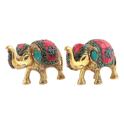 Kalakriti Multicoloured Stone Studded Metal Trunk-up Elephant Showpiece for Good Luck (Vaastu) | Pack of 2 | Decorative Elephant Statue Idol for Home Décor for Prosperity and Luck