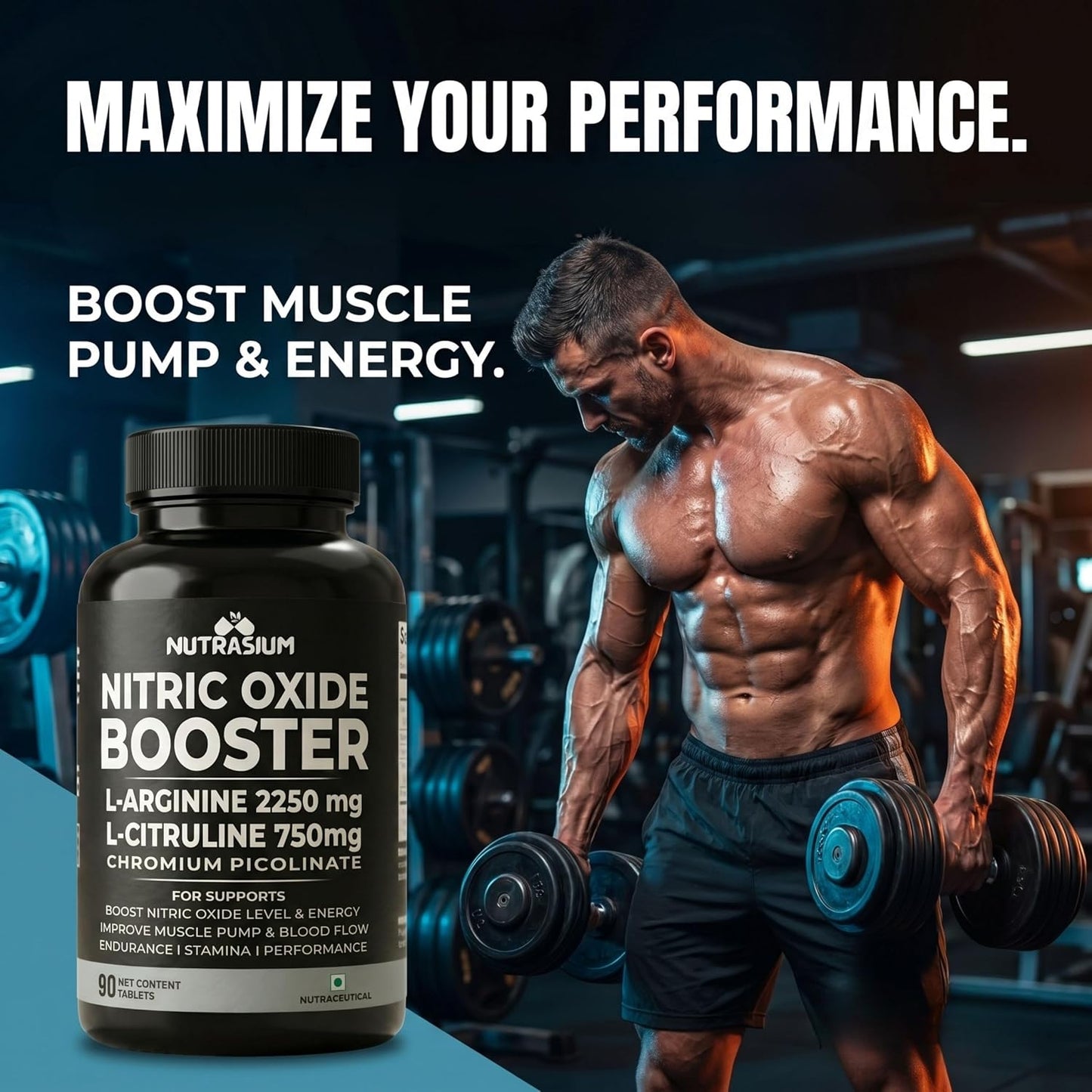Nutrasium Nitric Oxide Supplement For Man | 2250 mg L-Arginine, 750 mg L-Citrulline with Chromium Picolinate For Supports Nitric Oxide Level, Improve Muscle Pump & Blood Flow, Boost Endurance, Stamina & Performance | 90 veg Tablets.