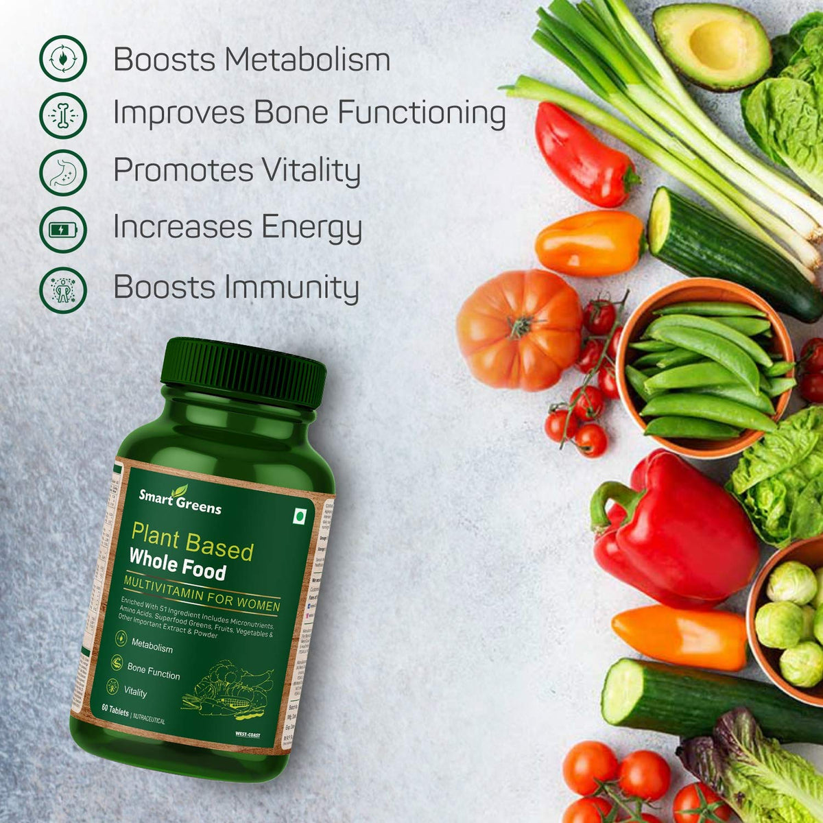 Smart Greens plant-based whole food supplement bottle with vegetables on a light gray background