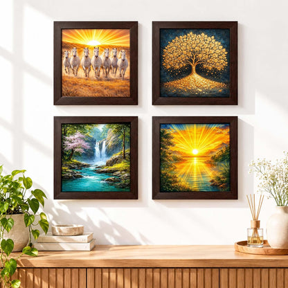 Vastu Combo Set | Rising Sun Sunrise | Waterfall Running Water | Golden Tree Kalpvriksh | Seven 7 White Running Horse | Set of 4 | Framed Poster