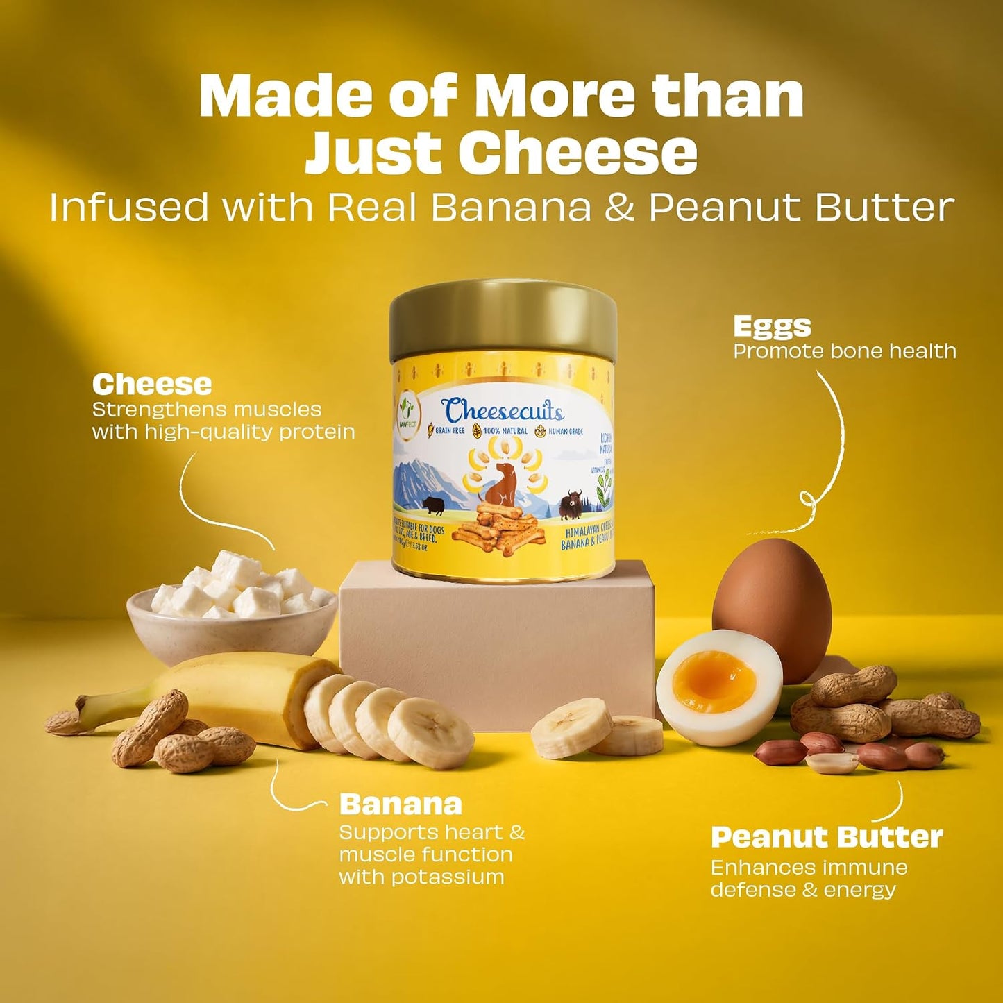 Pawfect Cheesecuits - Cheese Biscuits with Banana, Peanut Butter & Eggs for Dogs - 100% Natural - Grain-Free - Hypoallergenic - Rich in Antioxidants - High-Protein Dog Training Treats (100g/3.53oz)