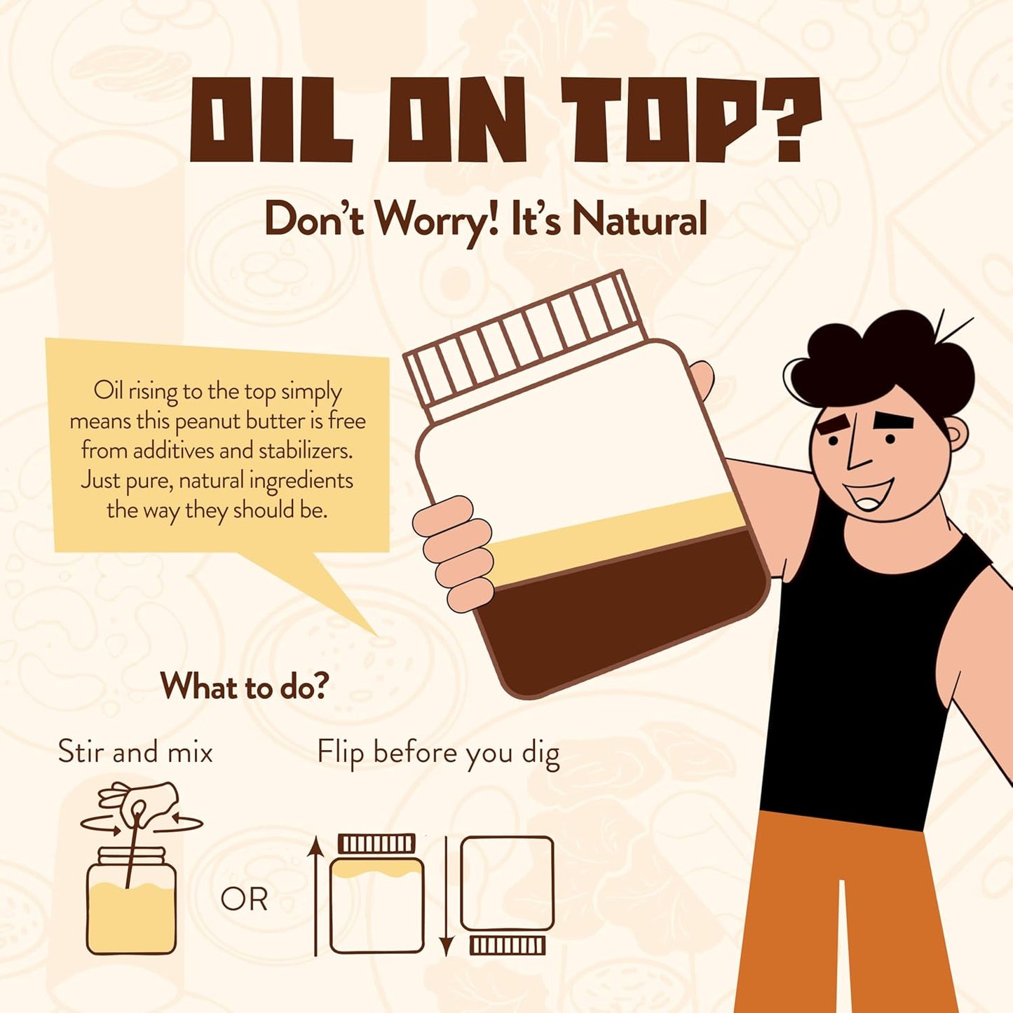 Illustration of a person holding a jar of peanut butter with text explaining that oil on top is natural and should be stirred or flipped.