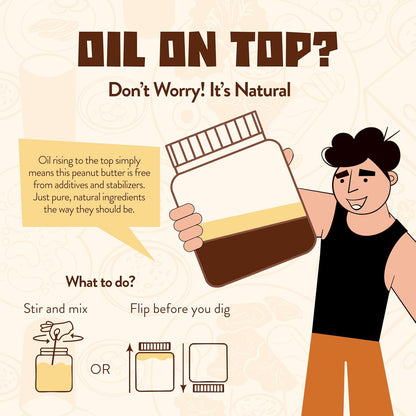 Illustration of a person holding a jar of peanut butter with text explaining that oil on top is natural and should be stirred or flipped.