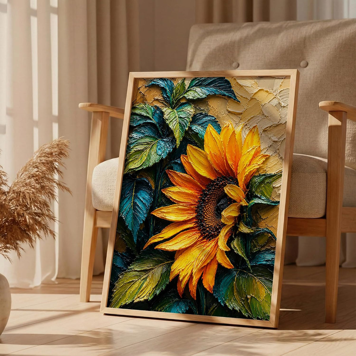 Sunflower Green Leaves Framed Wall Art, Natural, 10x13 Inches