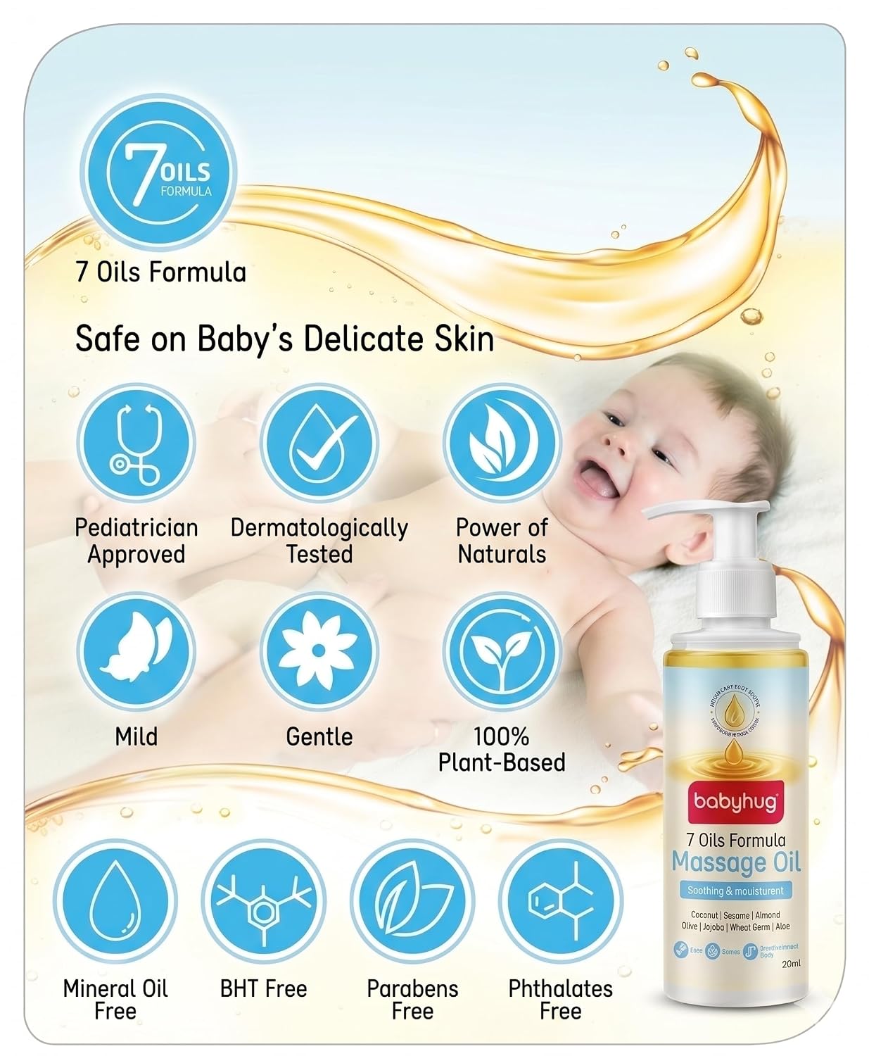 BABYHUG 100% Plant-Based Daily Baby Massage Oil|7 Oils Formula for Skin & Muscle Health 200 ML (Pack Of 1)