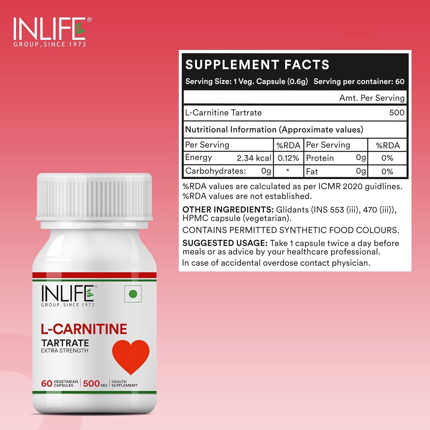 INLIFE L-Carnitine Tartrate Capsules 1000mg | Supports Muscle Health & Excercise Recovery | Supplement for Men Women - 60 Vegetarian Capsules (Pack of 1, 60)