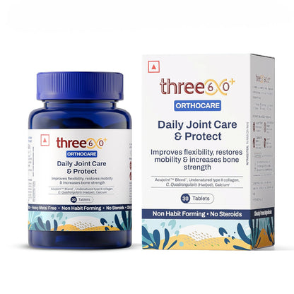 three60+ Daily JOINT CARE & PROTECT tablets | Improves Bone Strength, Promotes Cartilage Repair, Enhances Joint Mobility | Acujoint, Undenatured type-II collagen, Hadjod | (30 Tablets)
