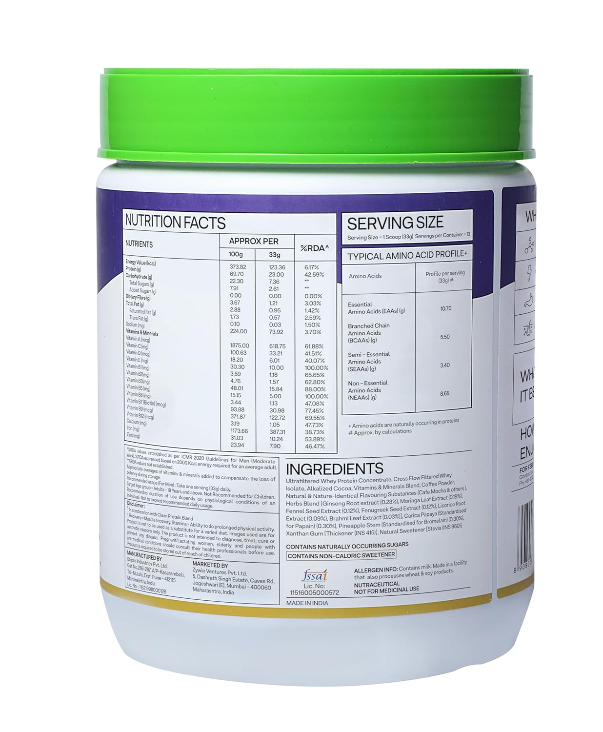 OZiva Protein & Herbs for Men (Cafe Mocha) I Muscle Building, Stamina & Recovery | Clean Protein, Shatavari, Green Tea I No Added Sugar, 1lbs (453gm)