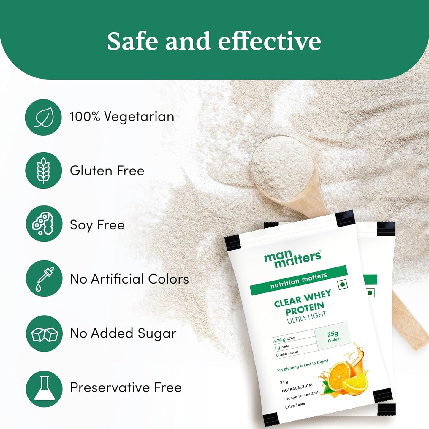 Man Matters Clear Whey Protein Powder (Orange Flavour) | No Added Sugar | For Muscle Support & Recovery | Ultra Light Formulation | 170g (34g x 5 Sachet) | Vegetarian & Gluten Free