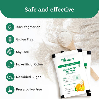 Man Matters Clear Whey Protein Powder (Orange Flavour) | No Added Sugar | For Muscle Support & Recovery | Ultra Light Formulation | 170g (34g x 5 Sachet) | Vegetarian & Gluten Free
