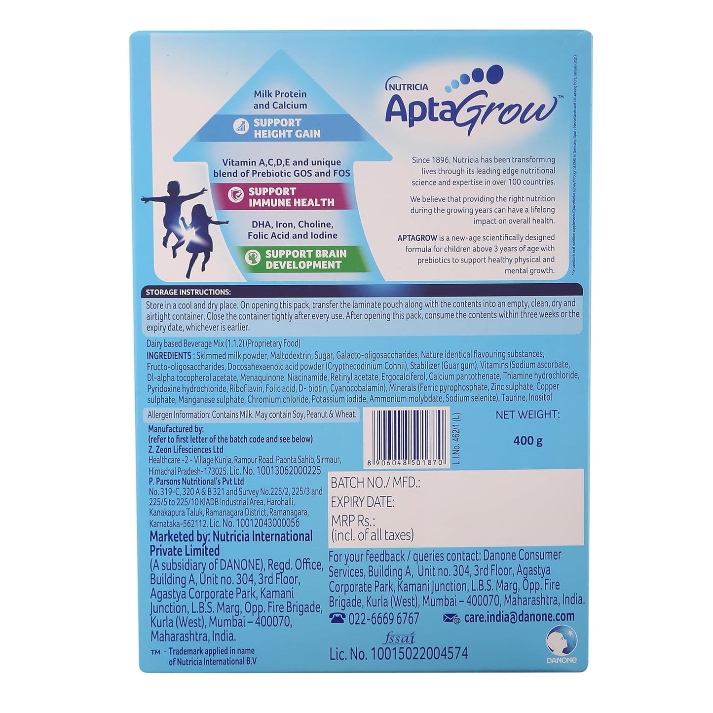 AptaGrow Milk Drink Powder for Kid s Height Gain, Immunity & Brain Development, Nutritious & Tasty Vanilla Flavor, 400g | 37 Nutrients | Prebiotics | Low Fat | Veg