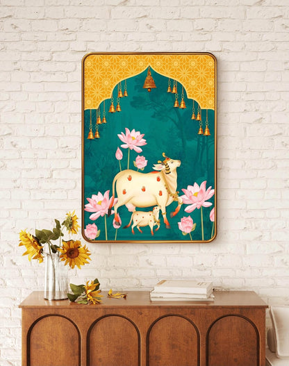 Couple Cow Pichwai modern art Premium Sparkle Lamination Finished Surface Golden Slim Frame 35 cm x 28 cm Large Size, For Home/Office/Hotel painting KG471