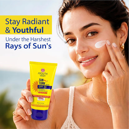 Ayouthveda Sun Turn Cream SPF 30 PA+++ Sunscreen | Hydrating Sun Protection with Hyaluronic Acid, Mulberry, Cranberry & Grapefruit | Broad Spectrum UVA/UVB Defense | Non-Greasy, Water-Resistant Sunscreen for Face & Body | 60g
