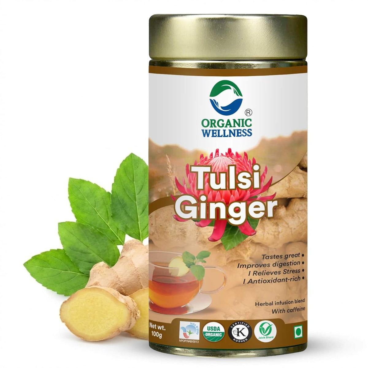 Organic Wellness Tulsi Ginger Herbal Tea 100g Tin | Natural Antioxidant Rich Blend | Supports Digestion | Relieves Stress | Boosts Metabolism | Enhances Immunity | Soothing Refreshing Daily Beverage