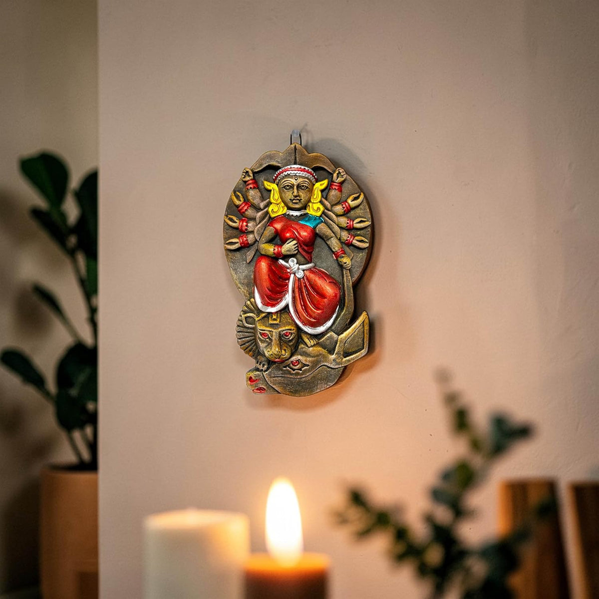 Maa Durga Terracotta Wall Hanging Idol Murti | Mahisasur Mardini Sherawali Devi MATA Wall Art Decor for Home, Temple, Mandir & Office Decor | Spiritual Gifts (24x15 CM)