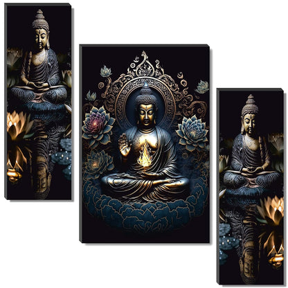 Golden Buddha with Lotus & Flame Wall Art – 3-Panel UV-Printed Zen Triptych | Ready-to-Hang Spiritual Meditation Décor for Home or Office (20 Inch x 12 Inch) JM-35302