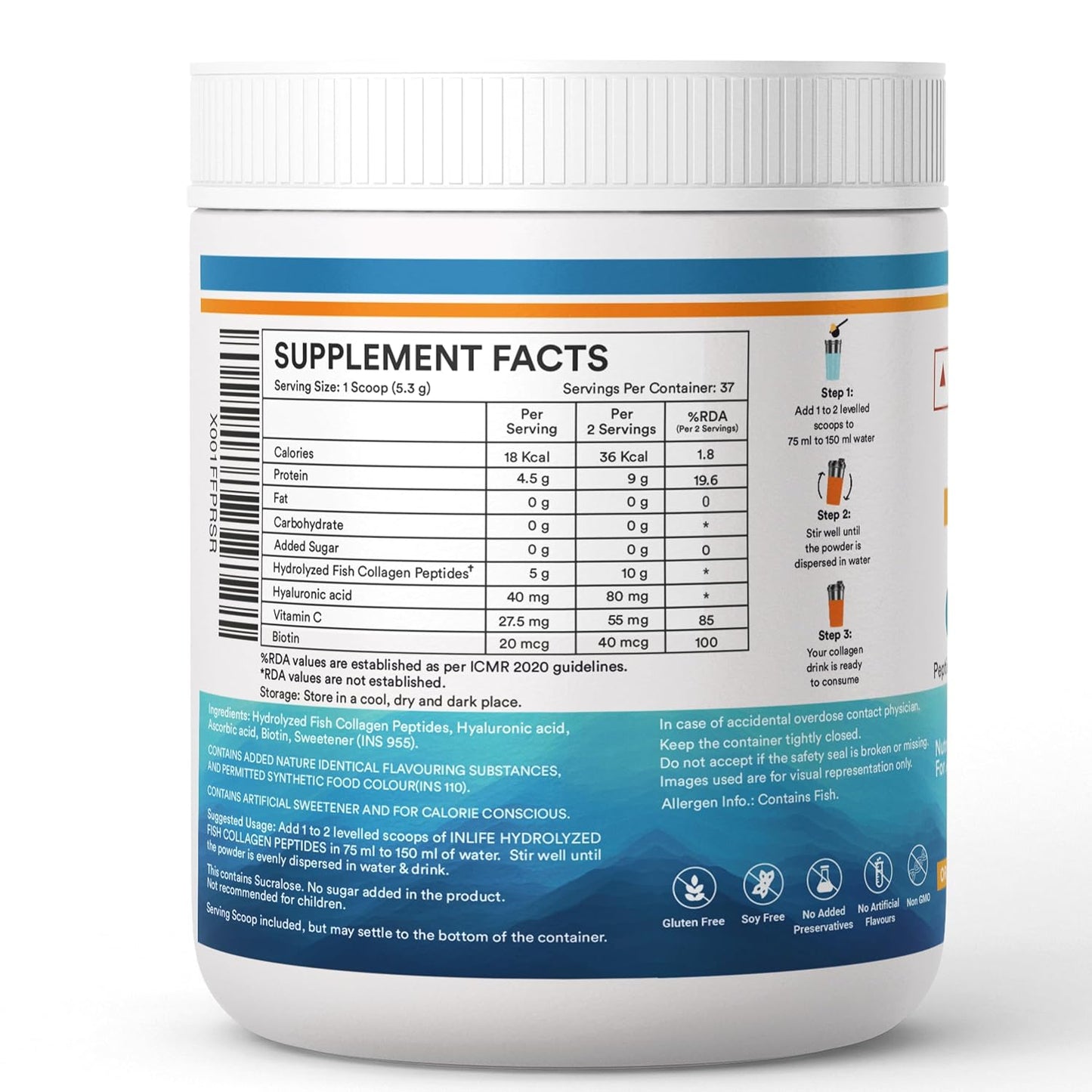 INLIFE Japanese Marine Collagen Supplements for Women & Men | Fish Collagen Powder for Skin & Hair | Clinically Proven Ingredient with Biotin, Hyaluronic Acid, Vitamin C & Glucosamine (200g, Orange)
