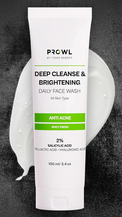 PROWL by Tiger Shroff Facewash 2% Salicylic Acid | Anti Acne For Dry Combination Oily & Acne Prone Man Skin Care with 1% Lactic Acid, Hyaluronic Acid | Exfoliating Brightening Cleanser Face Wash For Men | 100ml